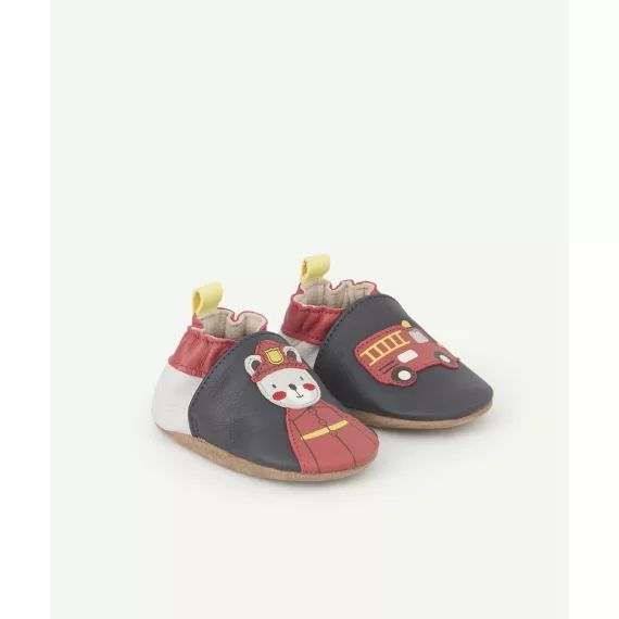 Chaussons bébé en cuir bleu marine gris et rouge pompier –  – Soldes