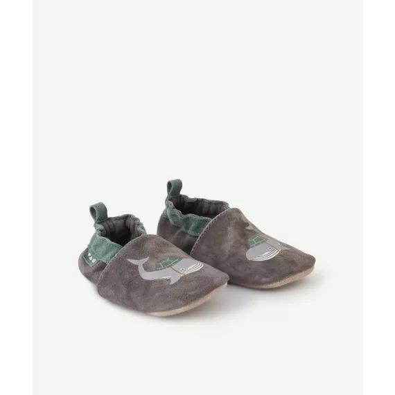 Chaussons en cuir bébé garçon gris avec baleines –  – Soldes