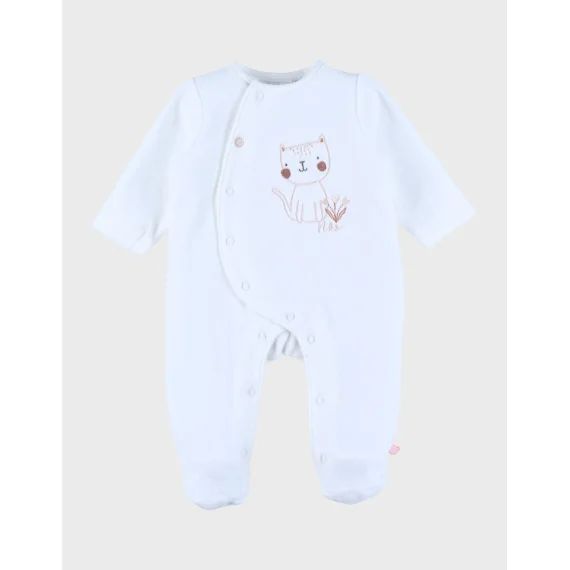 Pyjama Bébé En Velours Avec Broderie Chat Blanc