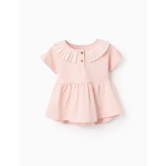 T-shirt De Coton Avec Col Plissé Et Volants Rose Clair