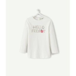 Le t-shirt blanc en fibres recyclées avec message fleuri et pailleté –  – Soldes