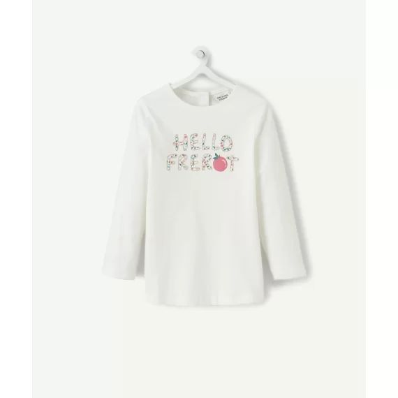 Le t-shirt blanc en fibres recyclées avec message fleuri et pailleté –  – Soldes