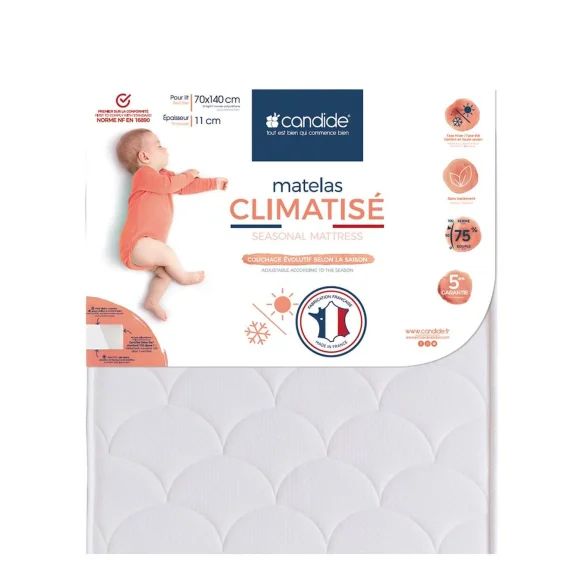 Matelas Bébé 70x140x11cm Climatisé – Sans Traitement – Face Hiver Ouatinée – Face Été – Garantie 5 Ans – Fabriqué En France Blanc
