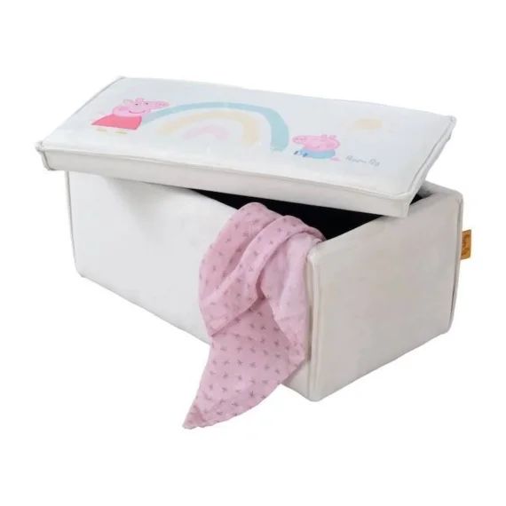 ROBA Banc Coffre à Jouets Peppa Pig pour Enfant en Bois et Velours – Meuble de Rangement 2 en 1 – Beige / Motif Cochon beige
