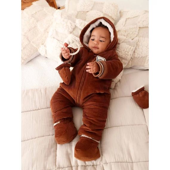 Combi-pilote en velours côtelé bébé avec pieds et moufles détachables beige