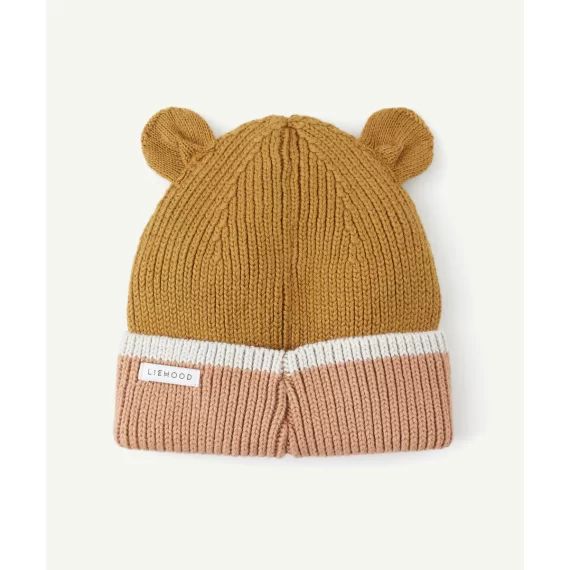 Bonnet gina en tricot côtelé et coton bio marron et rose avec oreilles d’ours