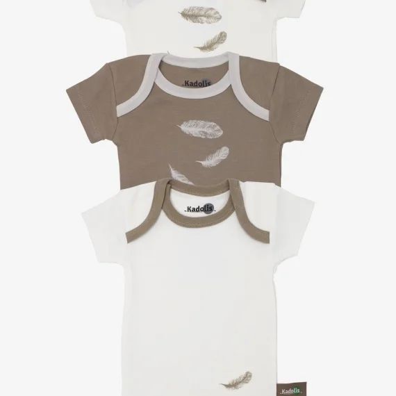 Body Manches Courtes En Coton Bio À Motifs Plumes (lot De 3) Beige