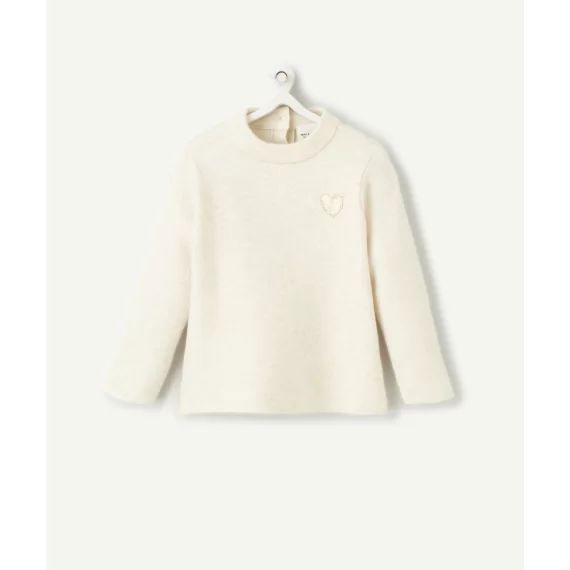 Pull bébé fille en fibre recyclées écru chiné avec coeur doré