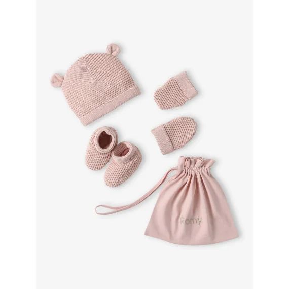 Ensemble bonnet, moufles et chaussons bébé naissance et son sac assorti rose poudré