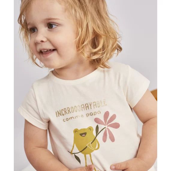 T-shirt bébé fille en coton bio écru motif grenouille –  – Soldes