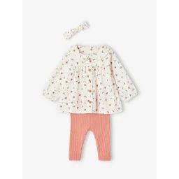 Ensemble 3 pièces bébé blouse, legging et bandeau rose