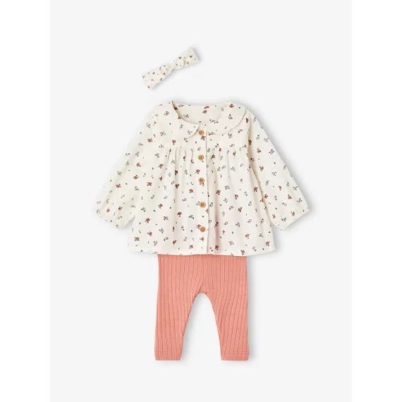 Ensemble 3 pièces bébé blouse, legging et bandeau rose