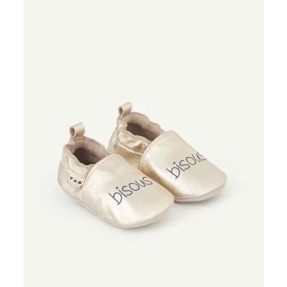 Chaussons en cuir bébé fille couleur dorée avec messages bisous –  – Soldes