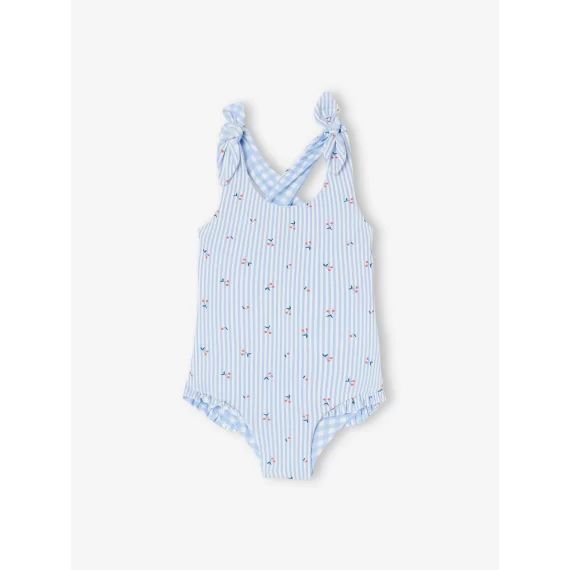 Maillot de bain 1 pièce bébé fille réversible vichy/rayures et fleurs bleu ciel