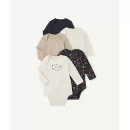 Lot de 5 bodies bébé en coton bio bleu et beige
