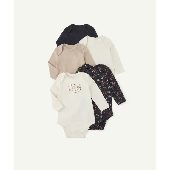 Lot de 5 bodies bébé en coton bio bleu et beige