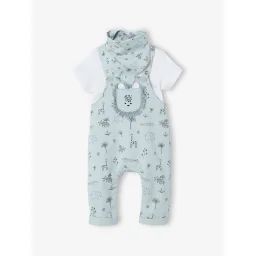 Ensemble 3 pièces naissance salopette + body + foulard bleu