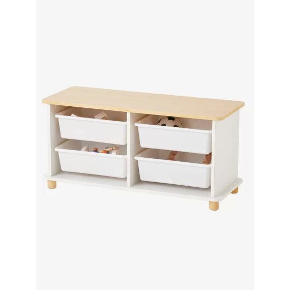 Meuble de rangement + 4 bacs LIGNE PTILOU blanc/bois