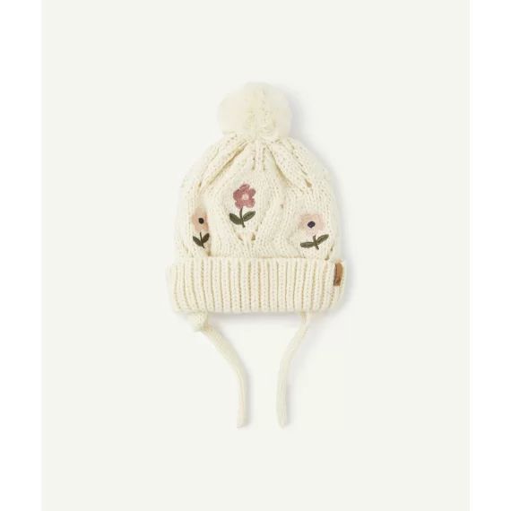 Bonnet maille bébé fille en fibres recyclées beige avec fleurs brodées