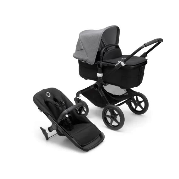 PP Fox 3 bassinet and seat stroller black base, midnight black fabrics, grey melange sun canopy