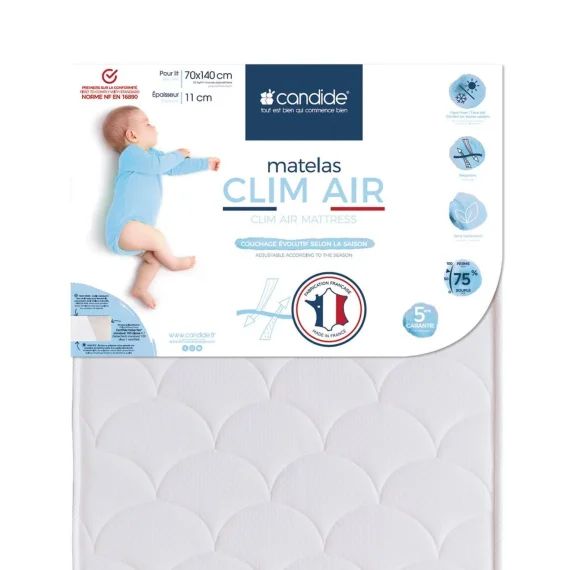 Matelas Bébé 70x140x11cm Clim Air – Respirant – Sans Traitement – Qualité Absorbante – Garantie 5 Ans – Fabriqué En France Blanc