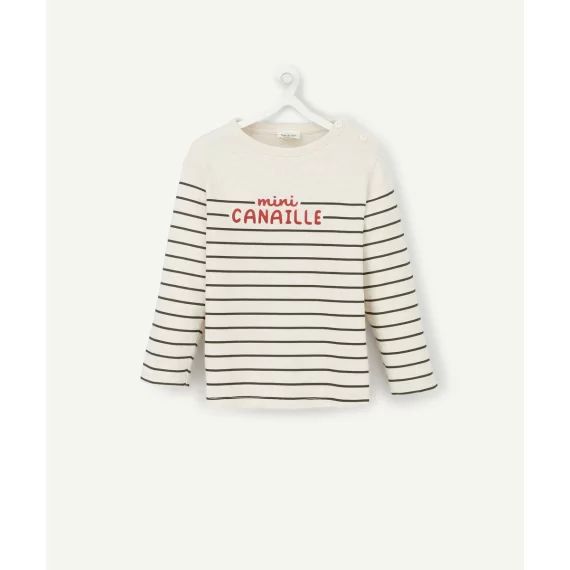 T-shirt gris rayé en coton biologique bébé garçon avec message