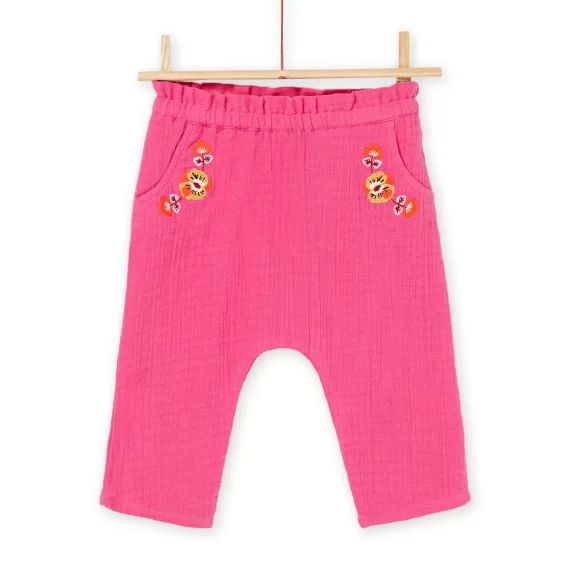 Pantalon Rose À Broderies Fleuries