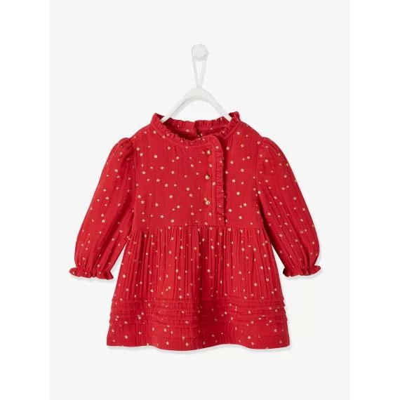 Robe en gaze de coton bébé ouverture décalée rouge foncé imprimé