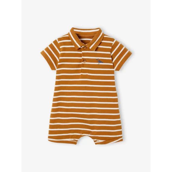 Combinaison de plage col polo bébé garçon caramel rayé
