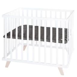 ROBA Parc Bébé 75 x 100 cm – avec Tapis Anthracite en Cuir PU Hydrofuge + Pieds en Bois Massif Bio – Hauteur Réglable – Blanc blanc