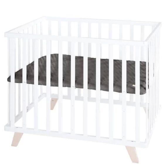 ROBA Parc Bébé 75 x 100 cm – avec Tapis Anthracite en Cuir PU Hydrofuge + Pieds en Bois Massif Bio – Hauteur Réglable – Blanc blanc