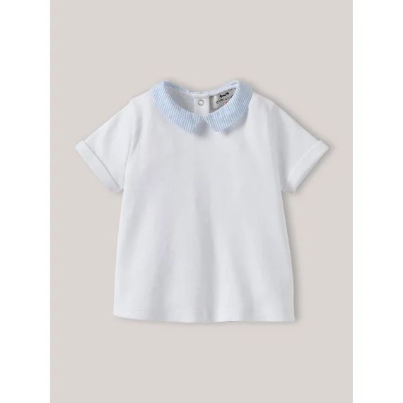 T-shirt Col En Seersucker En Coton Biologique Blanc Pur
