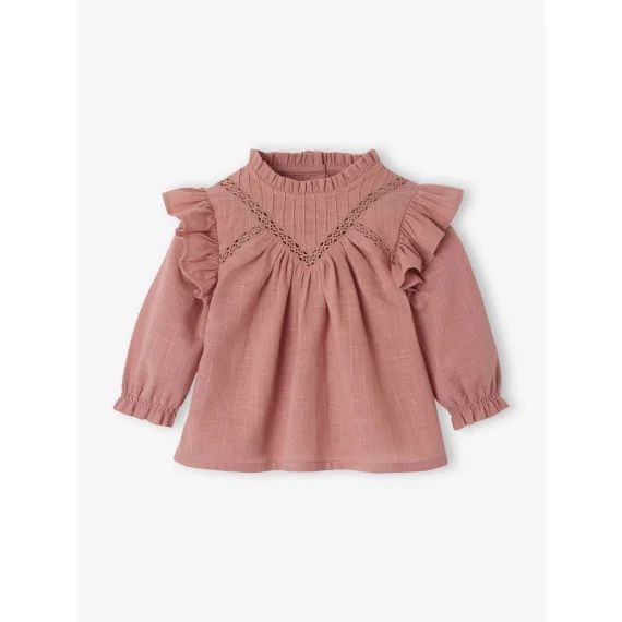 Blouse volantée bébé en tissu flammé vieux rose