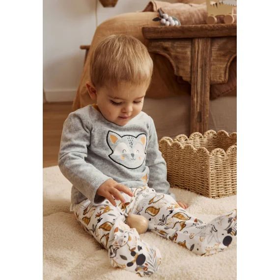 Pyjama Bébé 2 Pièces En Velours Avec Pieds Petit Loup Gris