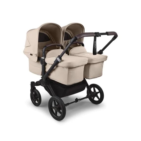 Donkey 5 Twin bassinet and seat stroller black base, desert taupe fabrics, desert taupe sun canopy