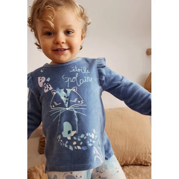 Pyjama Bébé 2 Pièces En Velours Avec Pieds Polarmoon Bleu