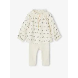 Ensemble blouse à fleurs et legging bébé écru