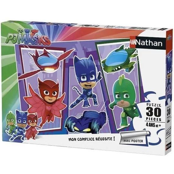 PYJAMASQUES Puzzle 30 pièces – Les Pyjamasques et leurs super-véhicules – Nathan – Puzzle Enfant + Poster – Dès 4 ans violet