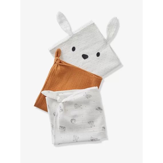 Lot de 3 langes MINI COMPAGNIE en gaze de coton bio* 2 écrus imprimés + 1 uni caram