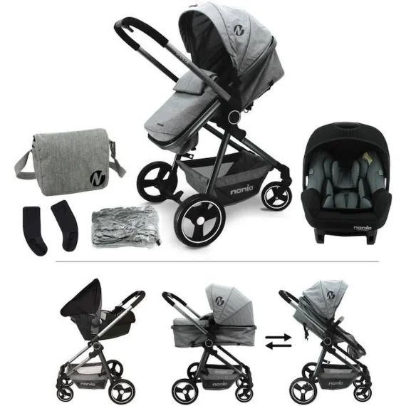 Poussette combinée 3 en 1 NANIA GIULIA + Siège auto BEONE EVO R129  40-85 cm – Nacelle de 0 à 6 mois gris