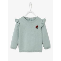 Pull à volants cerise bébé avec pompons vert céladon