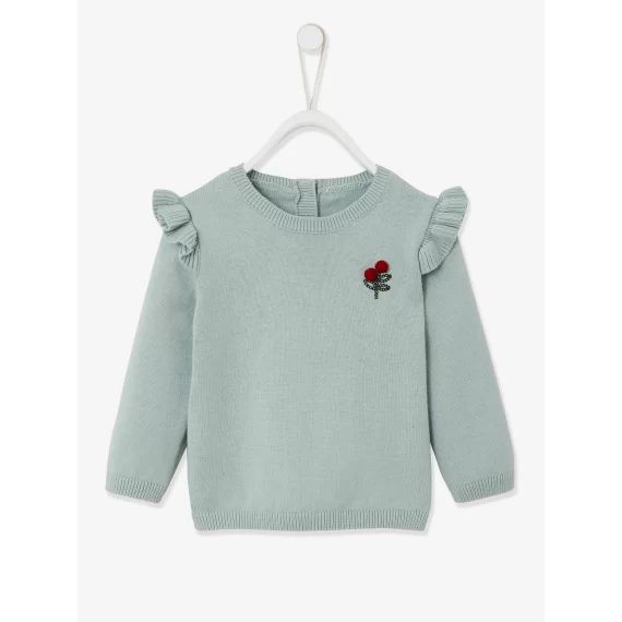 Pull à volants cerise bébé avec pompons vert céladon