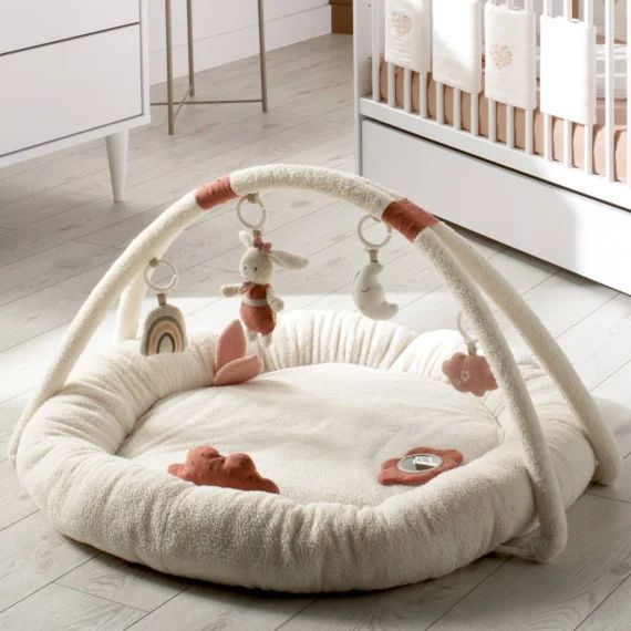 Tapis D&rsquo;éveil Rond En Bouclette Coton Bio Blanc/rose