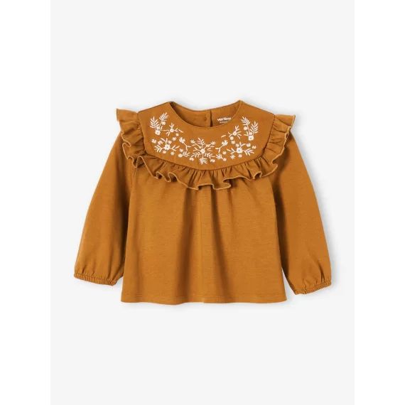 T-shirt brodé bébé manches longues caramel