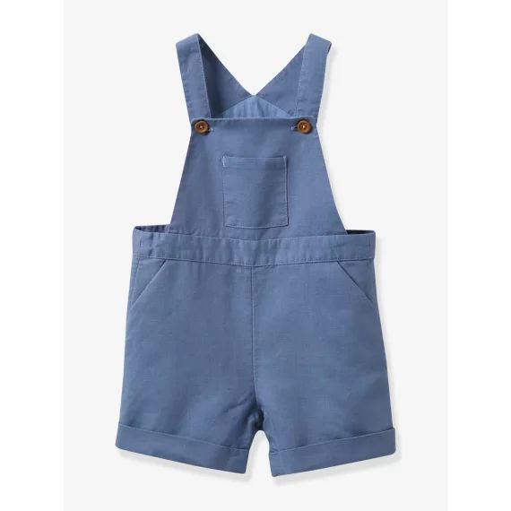 Salopette courte bébé lin et coton CYRILLUS bleu grisé