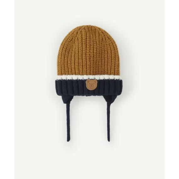 Bonnet tricot bébé garçon en fibres recyclées bleu marine et marron