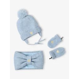 Ensemble bonnet + snood + moufles coeur bébé fille bleu glacier