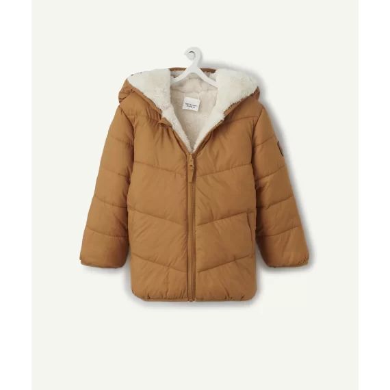 Doudoune réversible ocre et fausse fourrure en rembourrage recyclé –  – Soldes