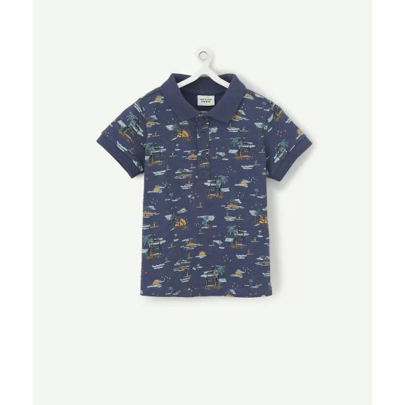 Le polo bleu marine imprimé vacances en coton –  – Soldes