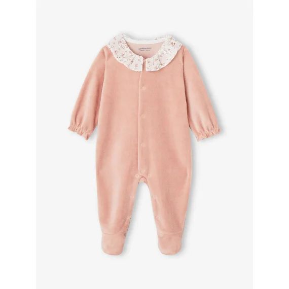 Dors-bien à collerette en velours naissance bébé personnalisable rose poudré